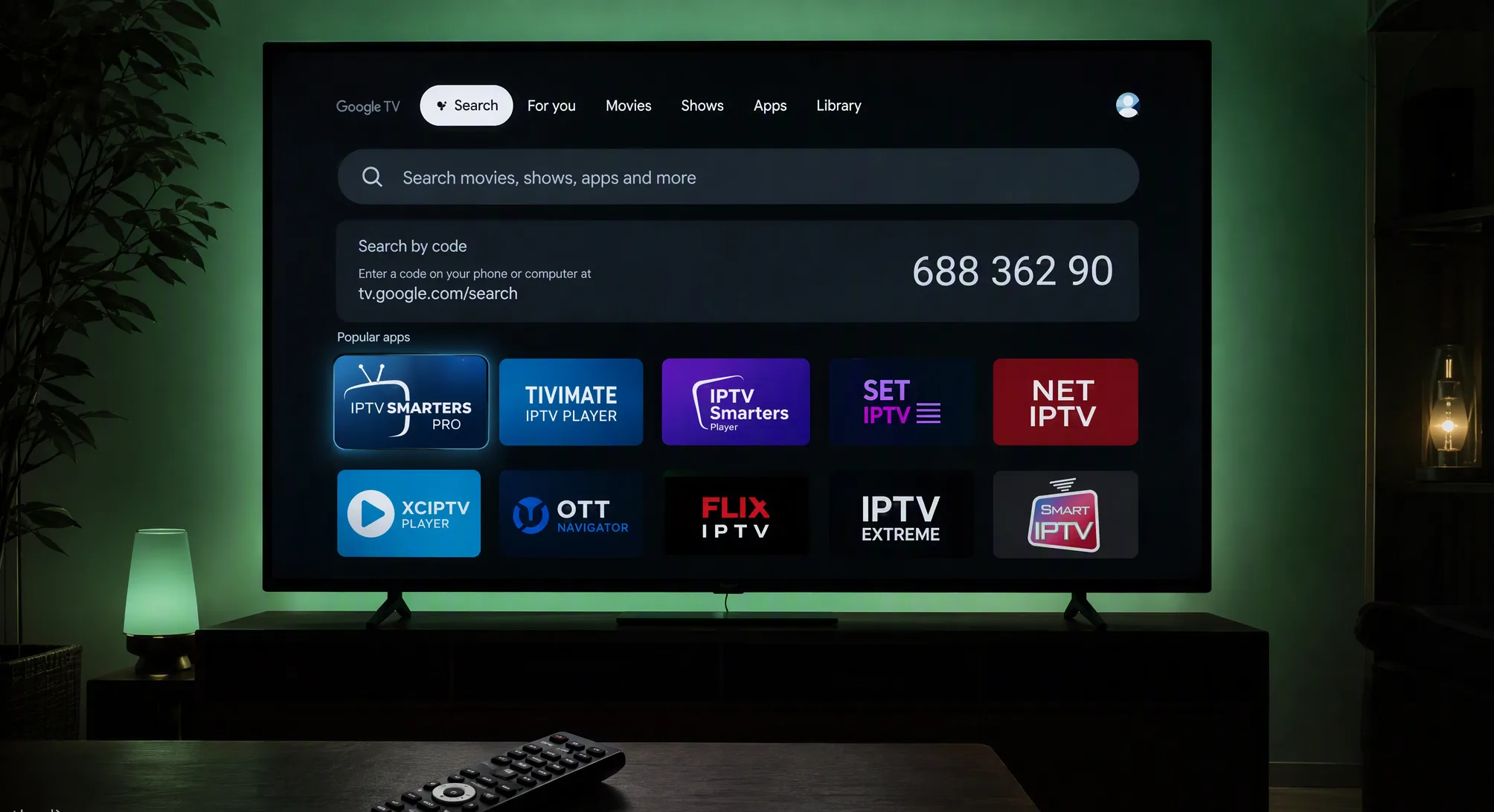 IPTV player apps on a Google TV screen with a Downloader code search box