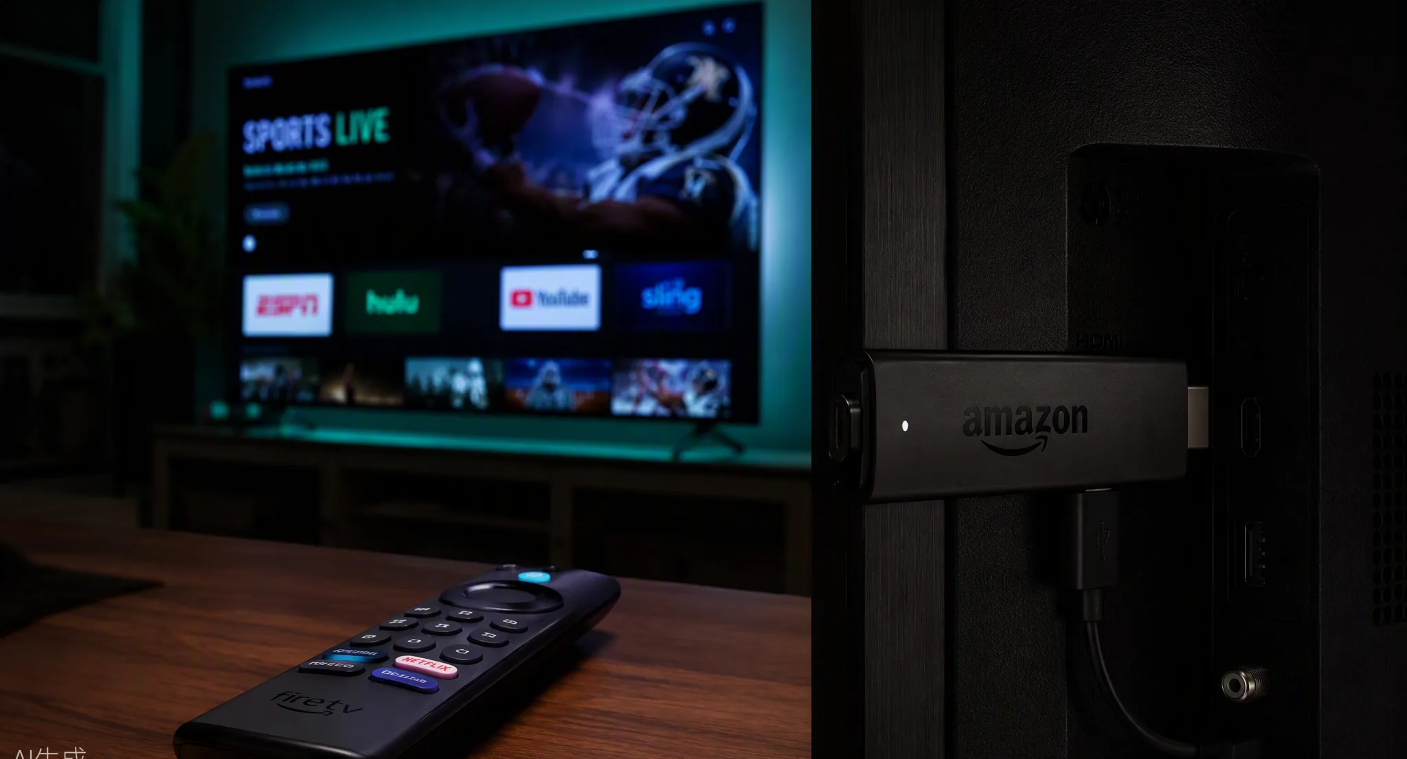 Amazon Fire TV Stick plugged into a 4K TV streaming IPTV in a dark living room