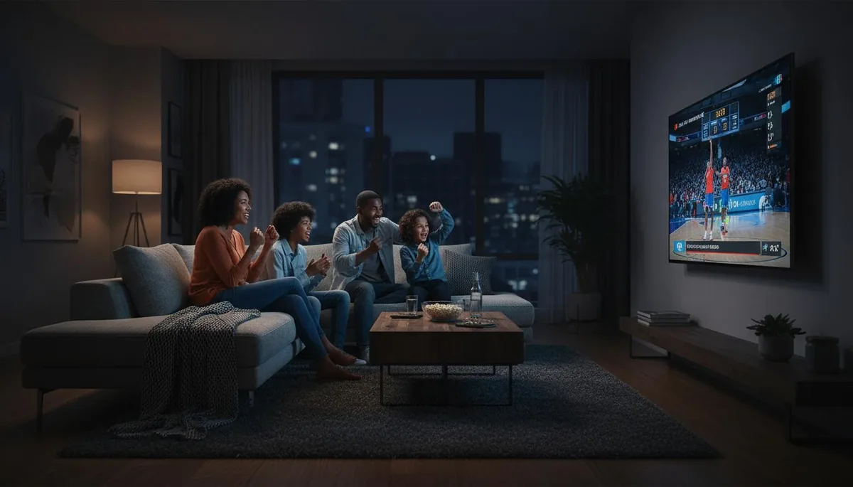 A family watching live NBA basketball in crystal-clear 4K Ultra HD on a wall-mounted TV through IPTV 4K live streaming