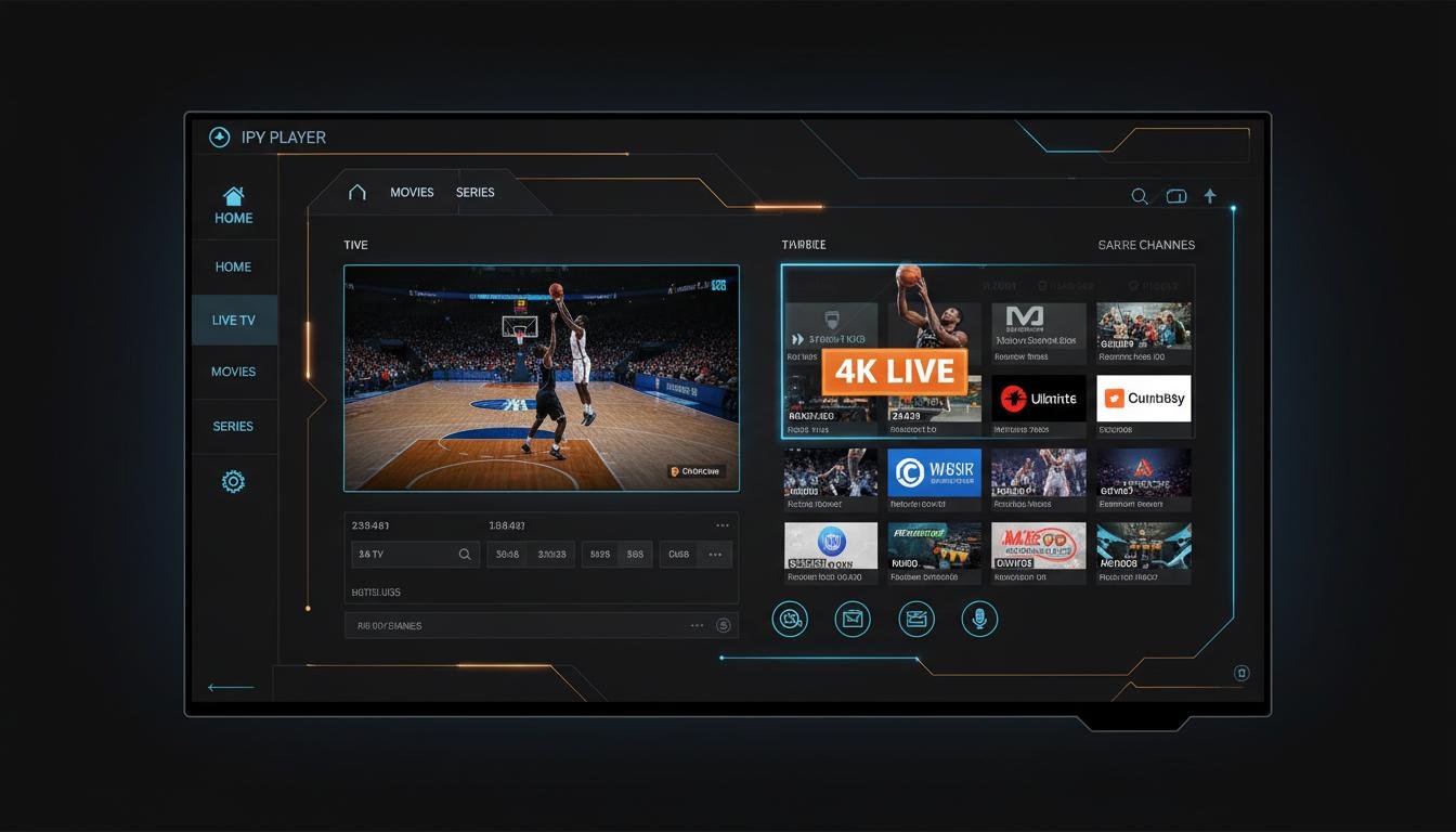 A futuristic dark-themed IPTV 4K live player interface showing a basketball game preview with 4K LIVE badge and channel grid