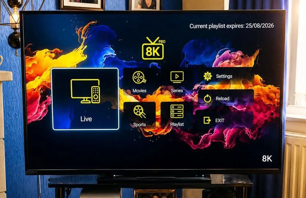 IPTVUSAX 8K PRO player interface on a US living room TV — Live TV, Sports, Movies and Series menu
