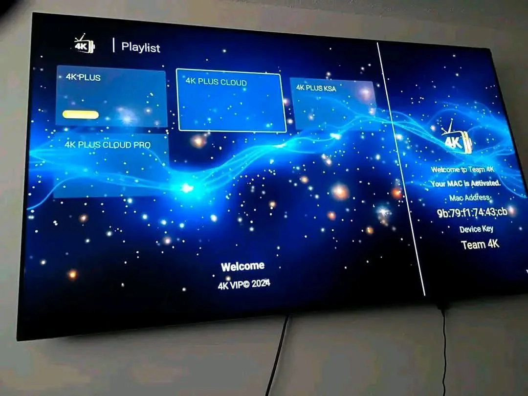 IPTV playlist activation screen on a Smart TV showing premium 4K playlists ready to stream