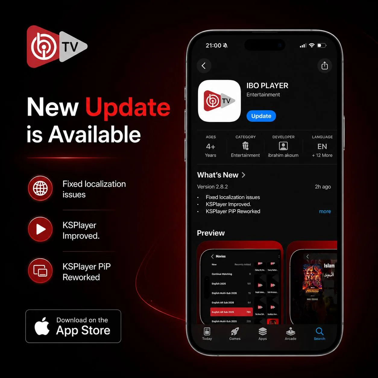 IBO Player app store page announcing a new update with KSPlayer improvements and PiP reworked