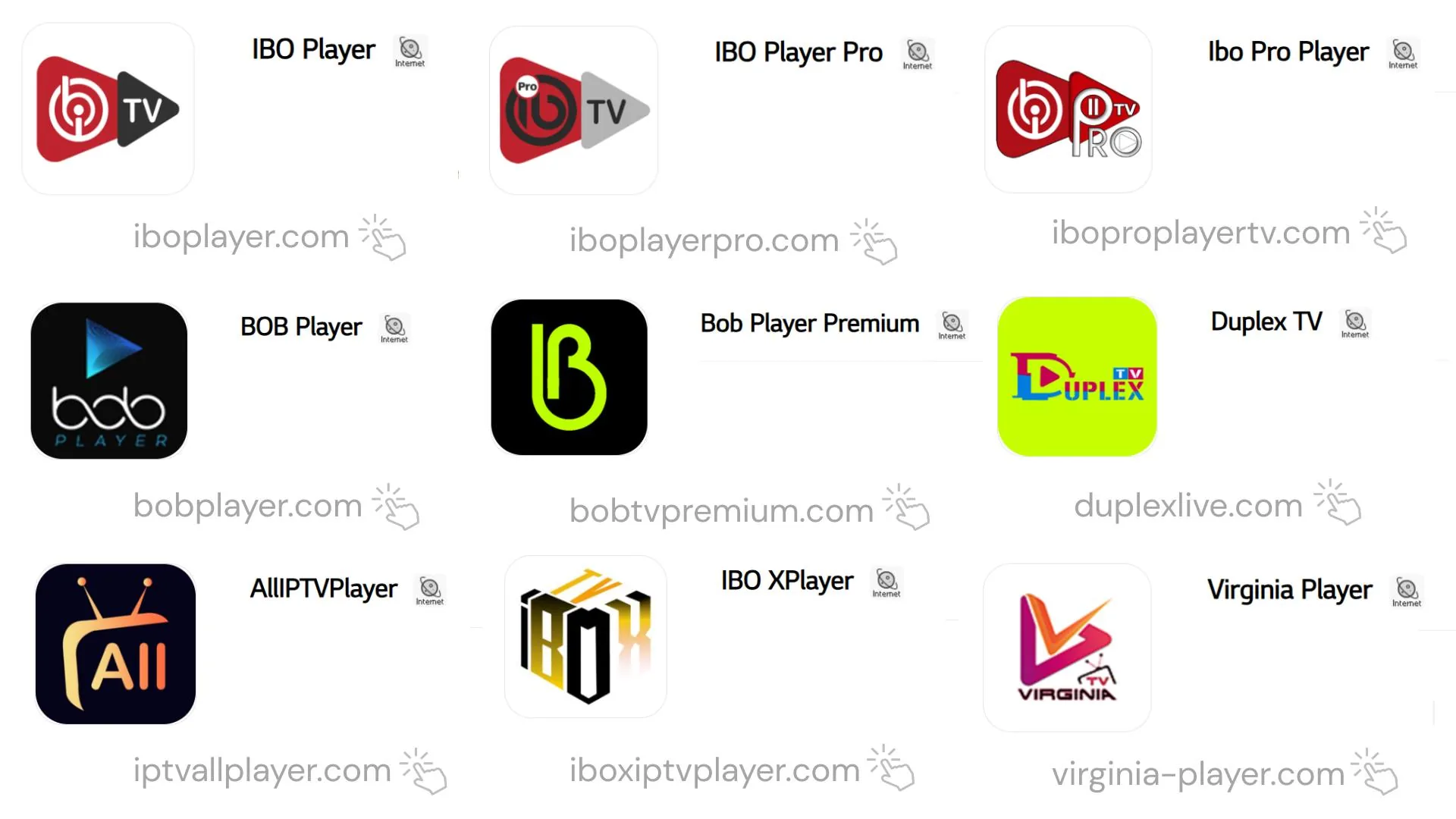 Official websites of popular IPTV player apps including iboplayer.com, iboplayerpro.com, bobplayer.com and iboxiptvplayer.com