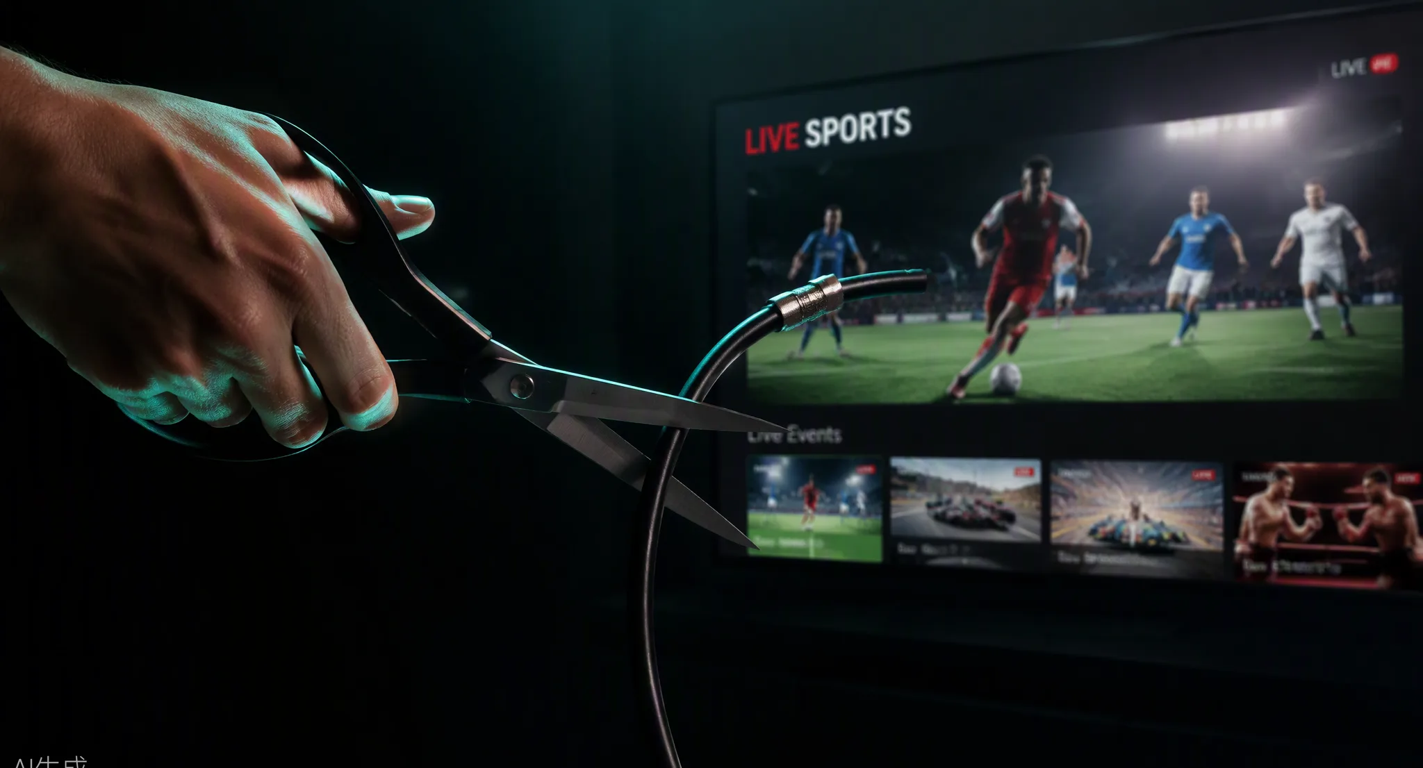 Cutting a cable TV cord in front of a TV streaming live sports via IPTV