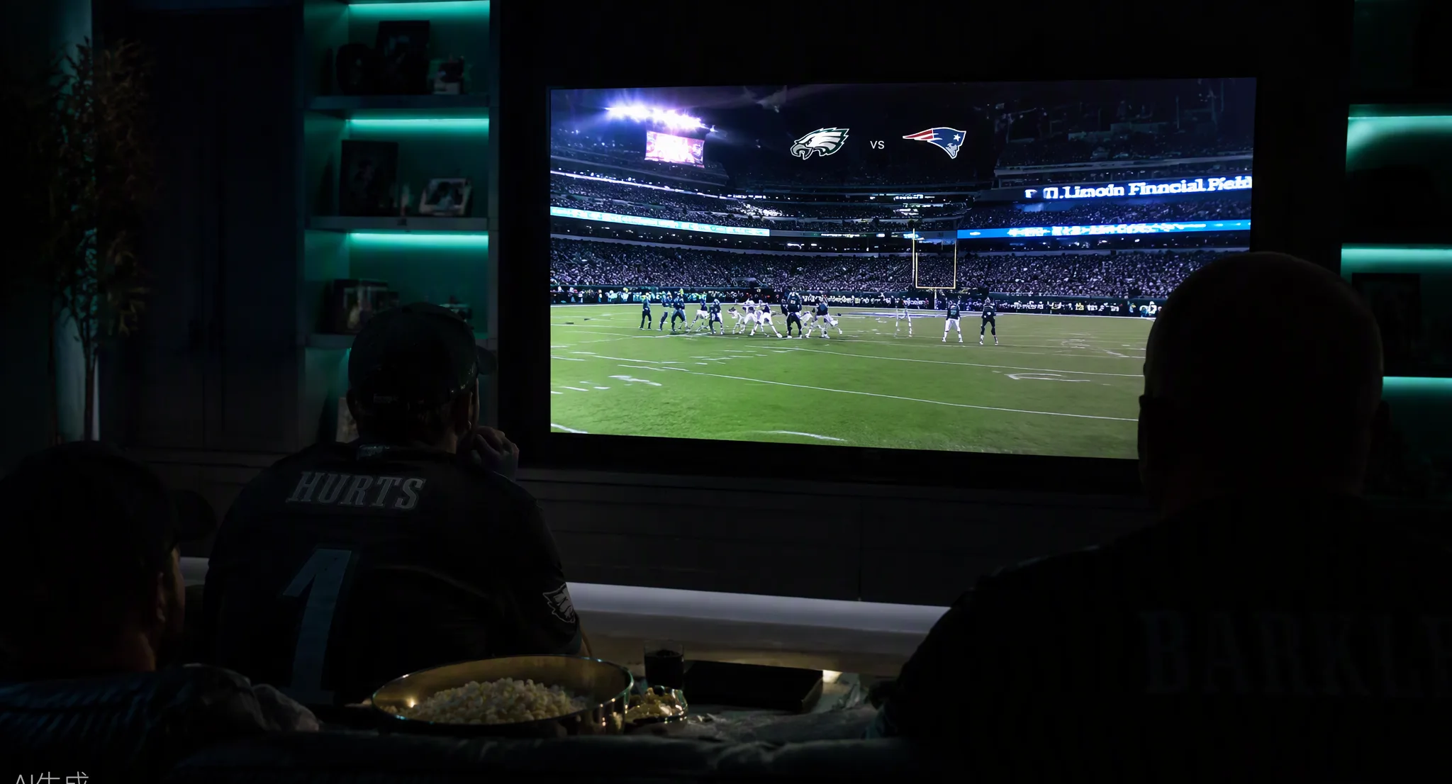 Fans watching an NFL game on a big screen TV at home without cable